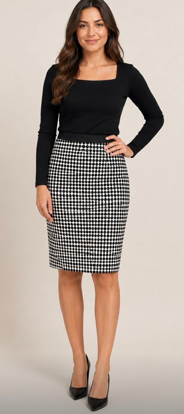 Boden Pencil Skirt US 8L Black Ivory Polka Dot Long Tailored Career Midi